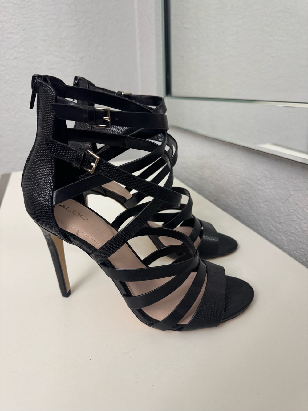 Aldo Black Strappy Cage Stiletto Sandals